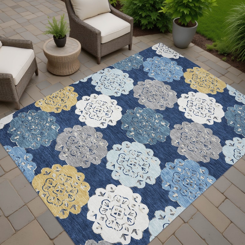 Machine Washable Indoor/ Outdoor Global Motif Chantille Rug - Navy - 9' x 12'