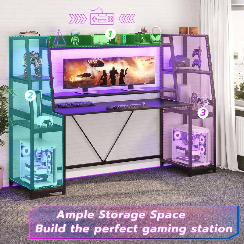 Gaming Desk with Storage Shelves and LED Lights