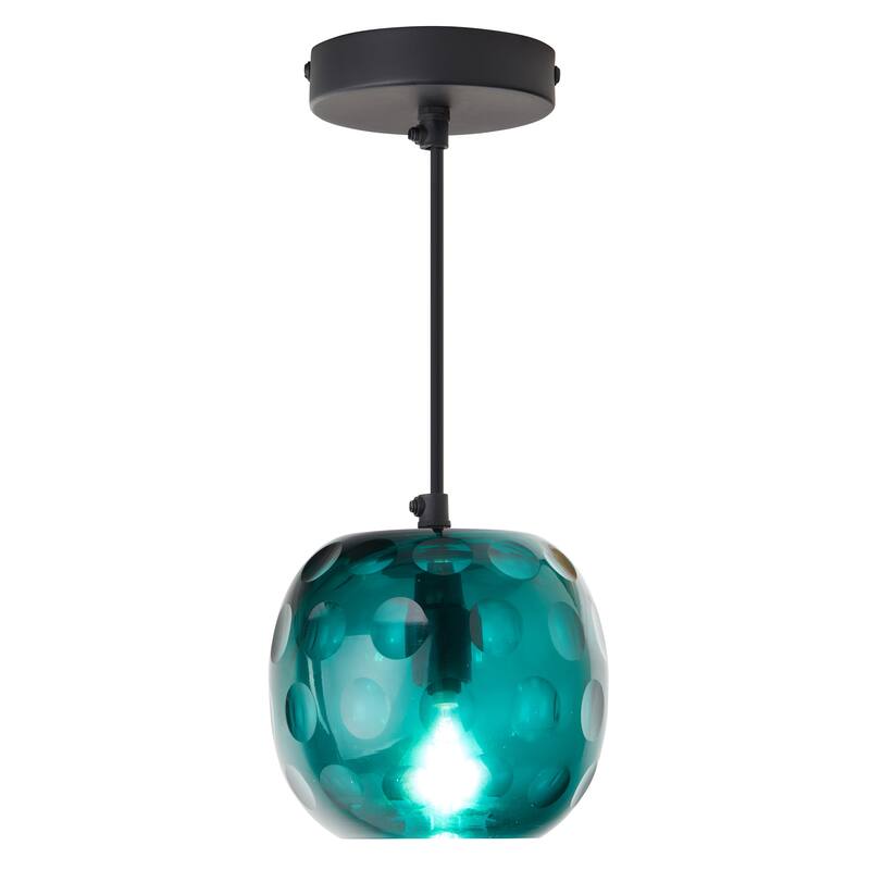 Quinn River of Goods Black Metal and Hand Blown Glass 6-Inch Pendant Light with Adjustable Hanging Cord - 6" x 6" x 60" - 6" x 6" x 60" - Teal/Black