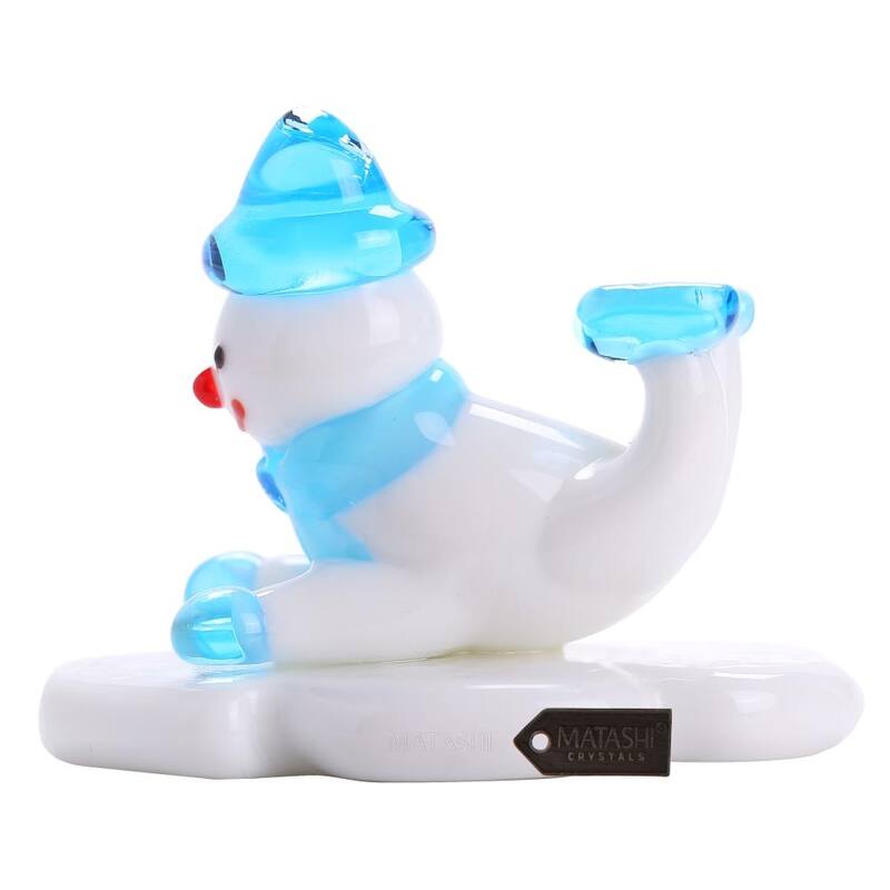Matashi Murano Christmas Winter Decorative Glass Snowman Figurine, Home Decorative Showpiece Christmas Gift and Ornament (Blue)