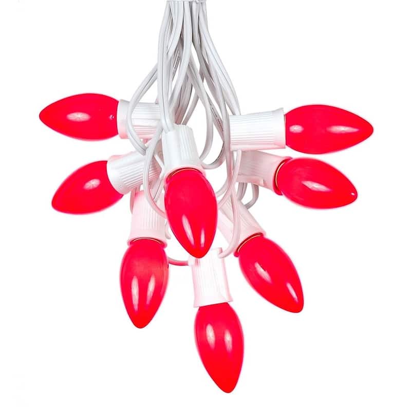 100 Foot C9 Ceramic Christmas Light Set, Hanging String Lights, White Wire - Red