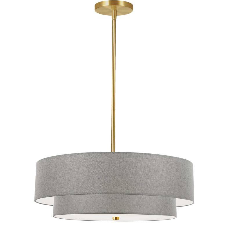 4 Light Two Tier Pendant with Gray Fabric Drum Shade and Antique Brass Frame for Modern Dining or Living Room - 20