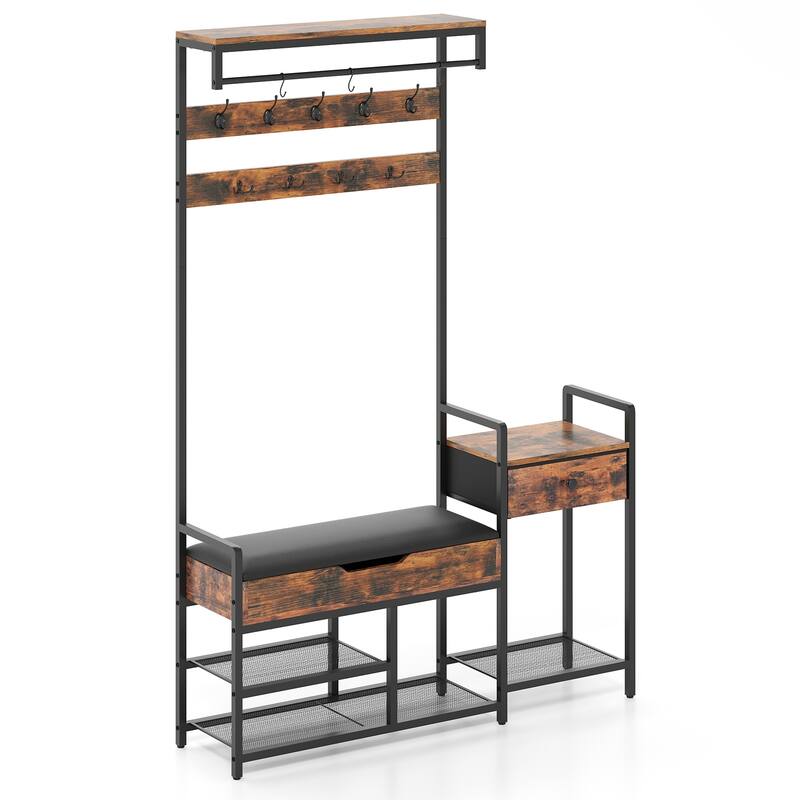 Rustic Brown Metal Hall Tree Bench with Hooks, Drawer, Shelves and Shoe Rack - 47.5" L x 12" W x 70" H