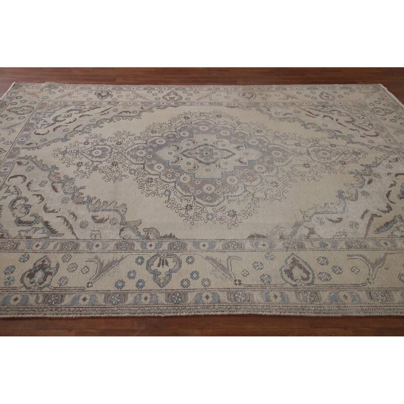 Vintage Distressed Muted Tabriz Persian Rug Handmade Wool Carpet - 6'6" x 9'7"