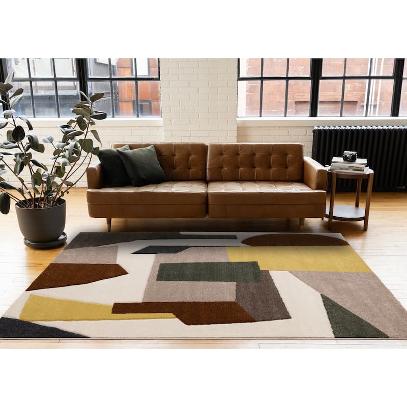 Green Yellow Brown White Blue Geometric High-Traffic Area Rug