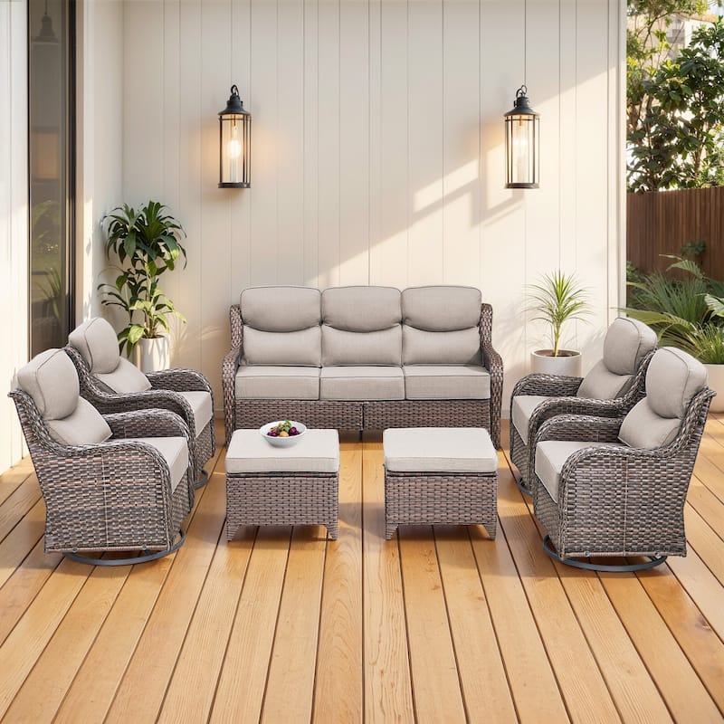 Gymojoy 7-Piece Patio Furniture Set with Swivel Glider Chairs, 6-Inch Ultra-Plush Cushions & Water-Resistant Olefin Fabric - Brown Wicker / Beige Cusion - 7-Piece