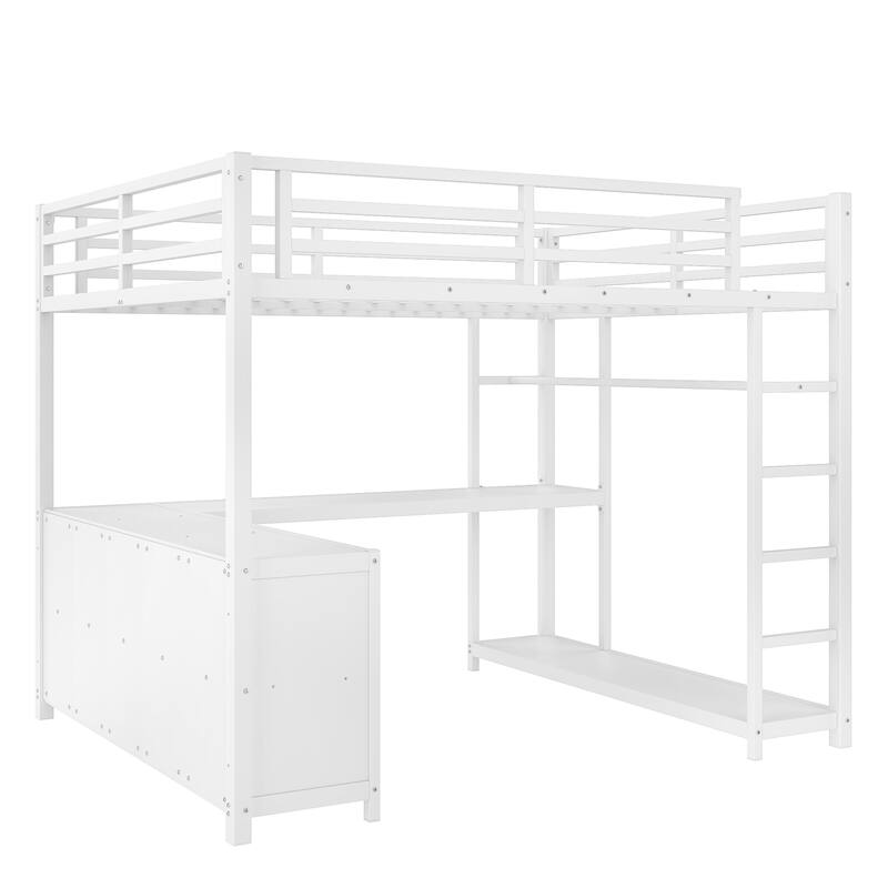 Metal Loft Bed with Wardrobe and L-shaped Desk, Queen Size Loft Bed with Storage Cubes and Shelves