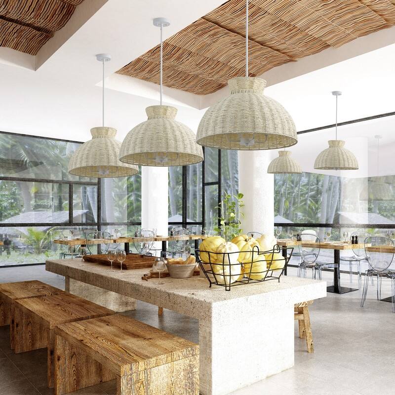 Boho Woven Rope Pendant Light Matte White and Beige 4 Light Ceiling Lamp for Dining Room or Kitchen Island