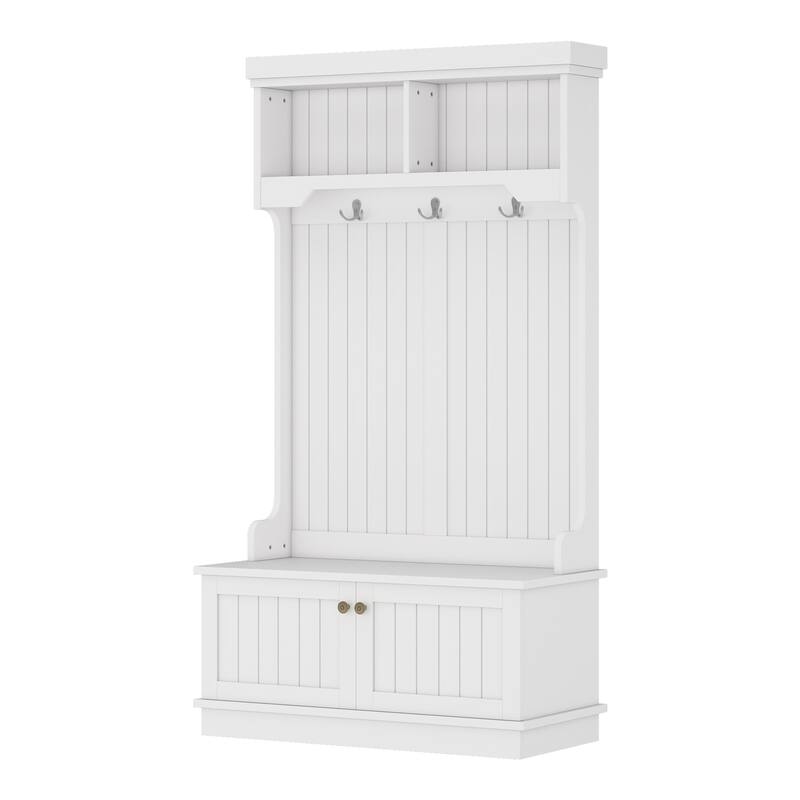 White Hall Tree with Storage Bench Shoe Bench for Entryway and Hallway, Modern Coat Racks with Hooks