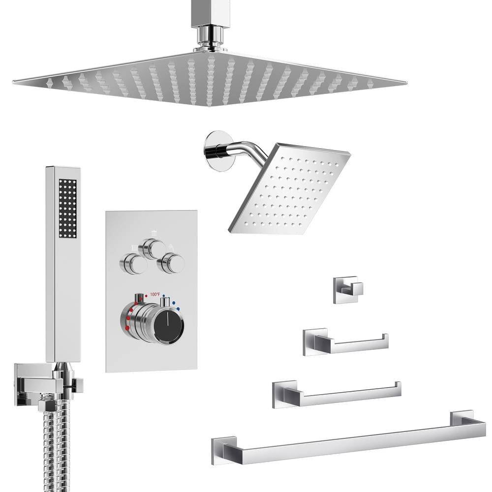 GRANDJOY Dual Shower Heads 12" Rainfall Shower System with 4-Piece Bathroom Towel Rack Combo Set