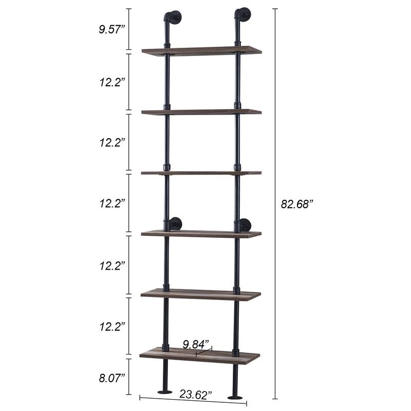 Industrial Bookshelf, 6Tier Industrial Pipe Bookshelf, Wall Mounted
