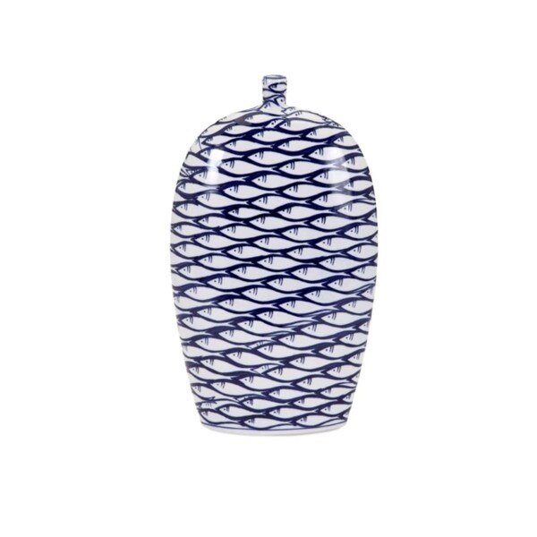 16" Handcrafted Cobalt Blue and White Nautical Fish Patterned Ceramic Vase - N/A