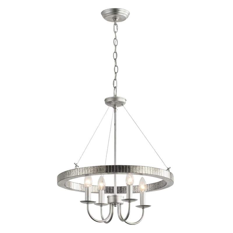 Rustic Silver Metal Round Wagon Wheel 4-Light Candle Chandelier for Dining Room - 19.7" W x 23.6" H