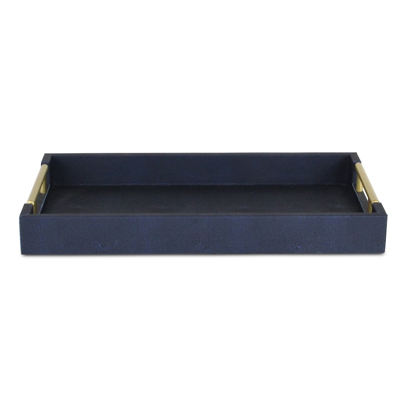 HomeRoots 16" Navy Blue Wood Faux Shagreen Serving Tray With Handles
