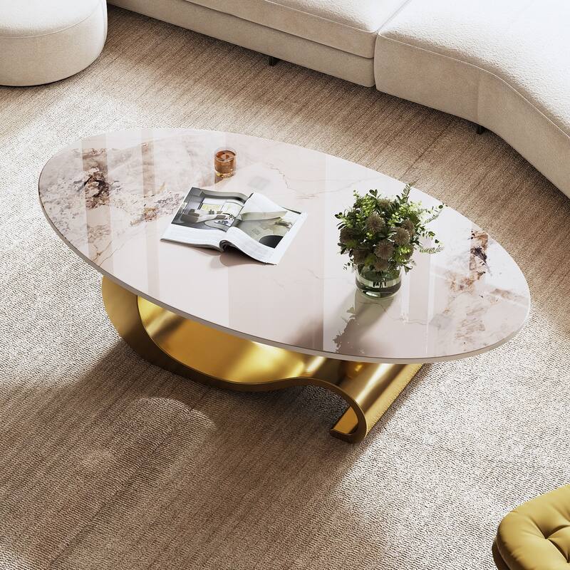 GDFStudio - Contemporary 49.2" Oval Sintered Stone Coffee Table with S-Shaped Stainless Steel Base & Novel-Pattern Top