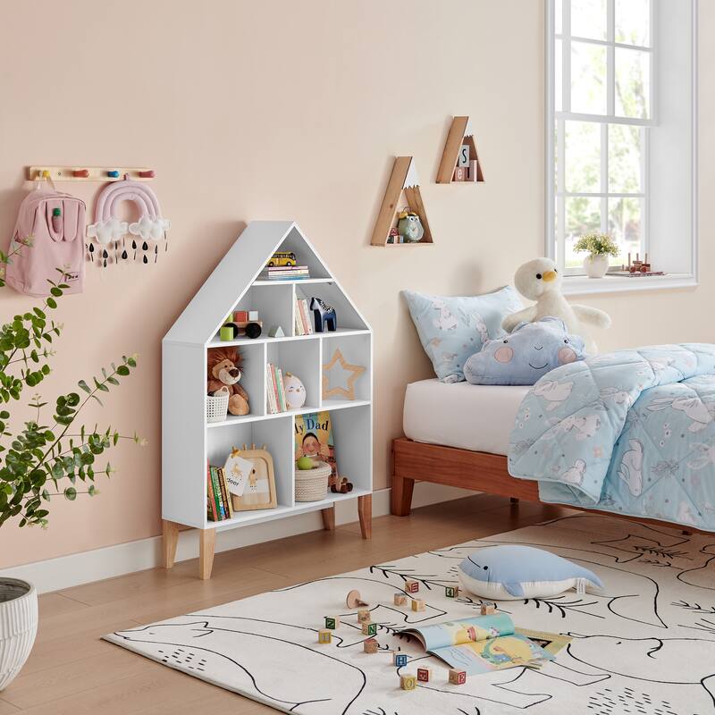 Danya B. Steiner White Dollhouse 8-Compartment Kids Book or Toy Figure Display Unit Freestanding Bookshelf with Beech Legs