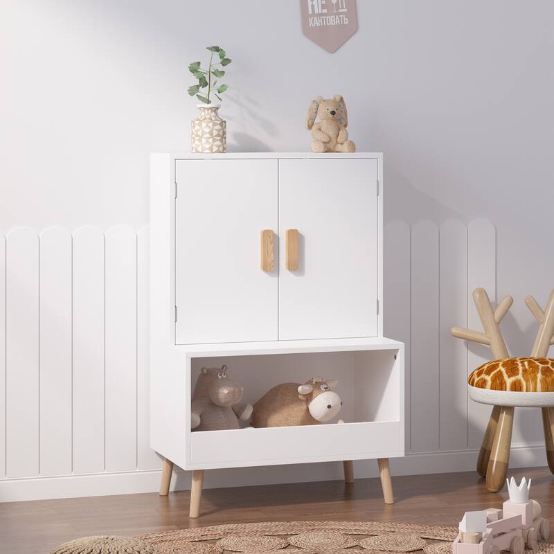 Anmytek Modern White Kids Storage Cabinet with Anti Tip Design - Scandinavian Playroom Organizer
