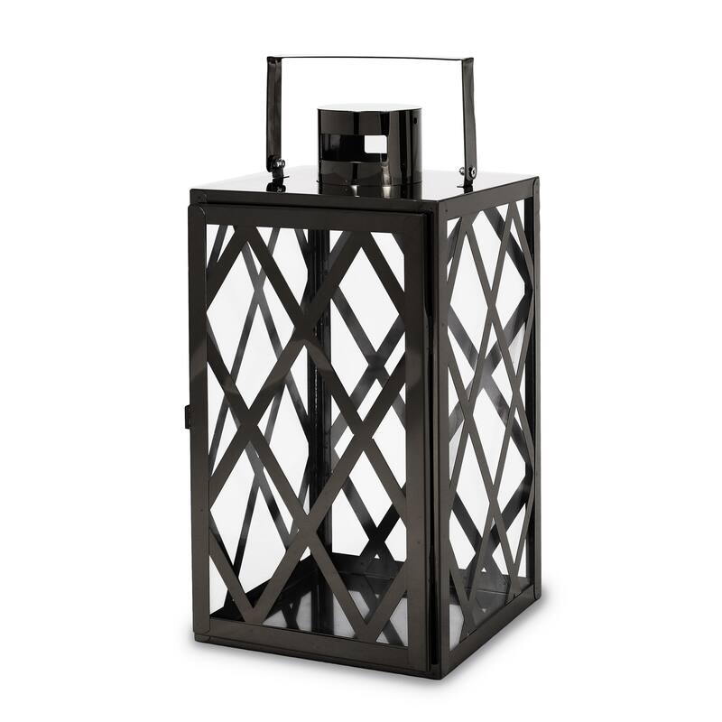 Dove 14 Inch Lantern, Lattice Black Stainless Steel, Tempered Glass