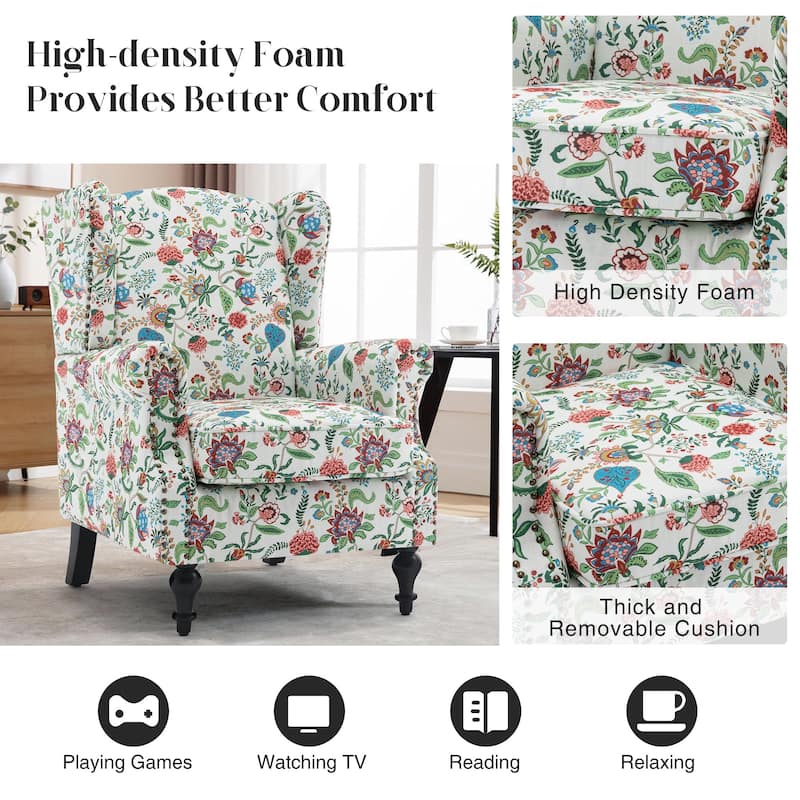 HOMYKA 29'' Wide Floral Pattern Wingback Accent Armchair with Nailhead Trim