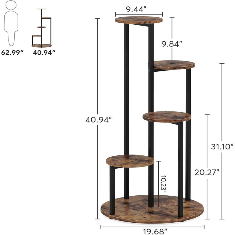 Black-Brown Metal 5-Tier Corner Plant Stand for Indoor and Outdoor - 19.68” x 19.68” x 40.94”