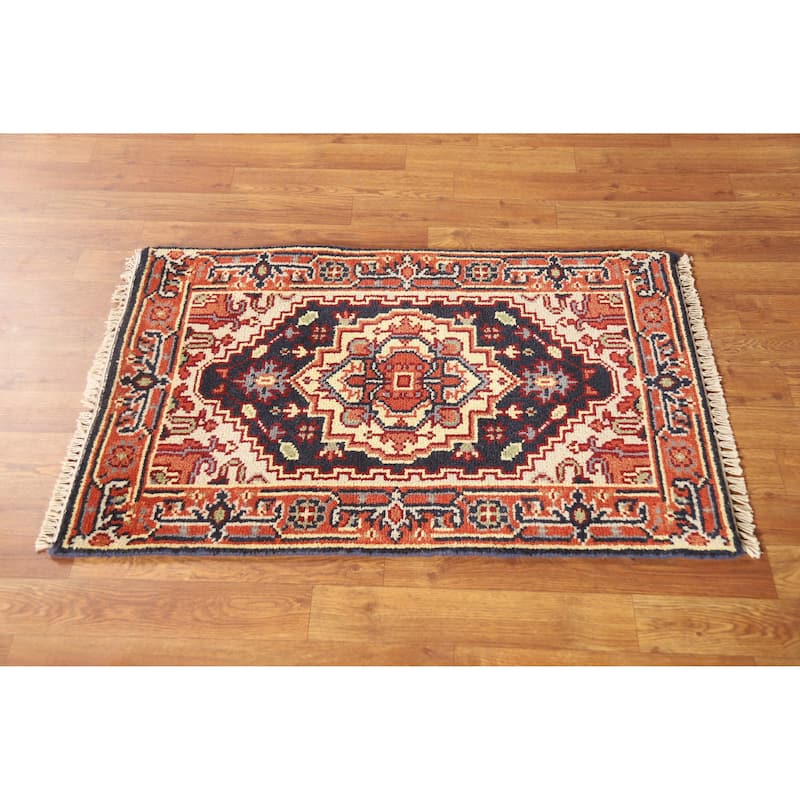Hand Knotted Oriental 100% Wool Carpet Traditional Medallion Navy Blue & Blues Heriz (serapi) Area Rug - 3' 0'' X 2' 0''