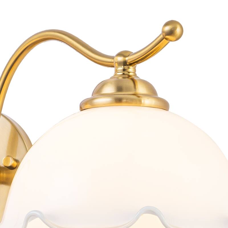 2-Light Gold Metal Wall Sconce with Flower Milky White Glass Shades