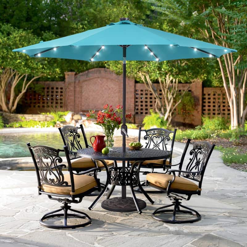 LIVOOSUN 9Ft Patio LED Market Umbrella Outdoor Table Steel Umbrella - Lake Blue