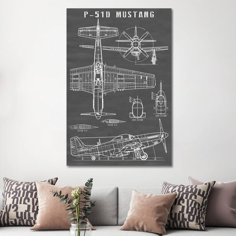 iCanvas "P-51 Mustang Vintage Airplane In Black" by Action Blueprints Canvas Print