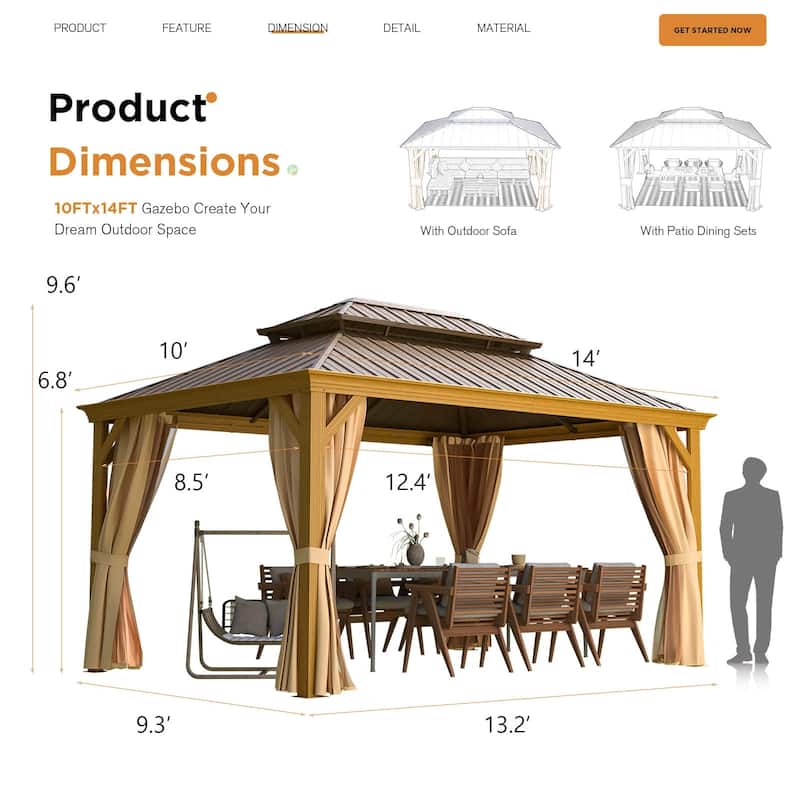Outdoor Galvanized Steel Roof Gazebo Pergola w Wooden Coated Alumninum Frame, Privacy Curtains and Nettings Include
