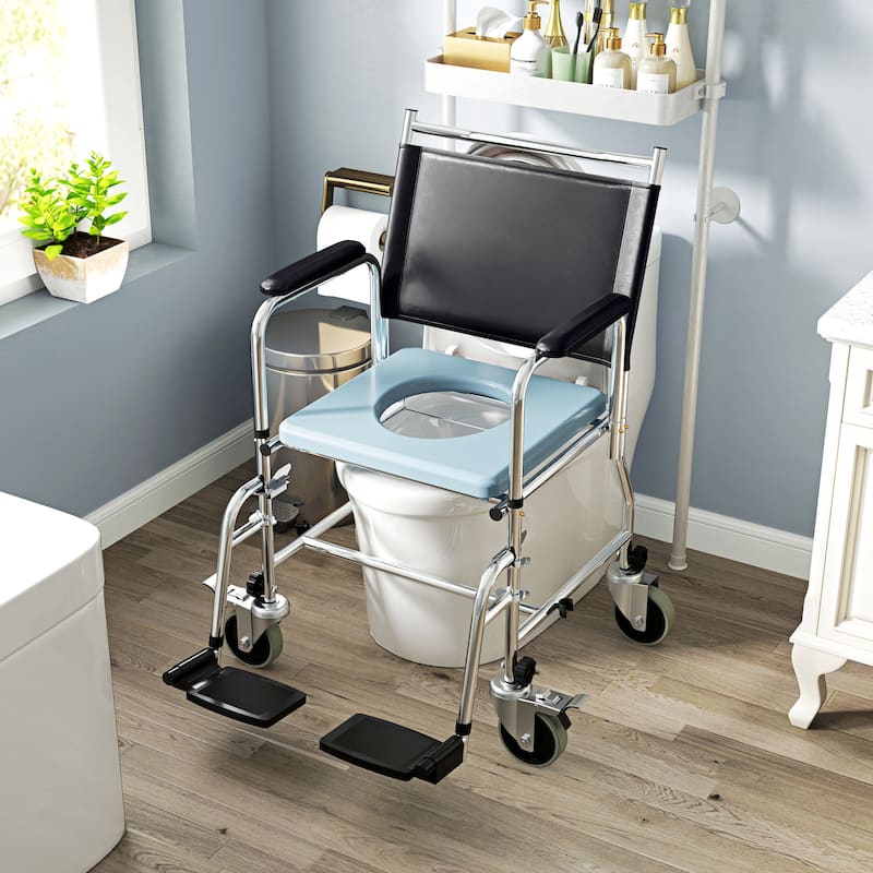 HOMCOM Rolling Shower Chair with Wheels, Bedside Commode Wheelchair with Padded Seat, Backrest, for Handicap