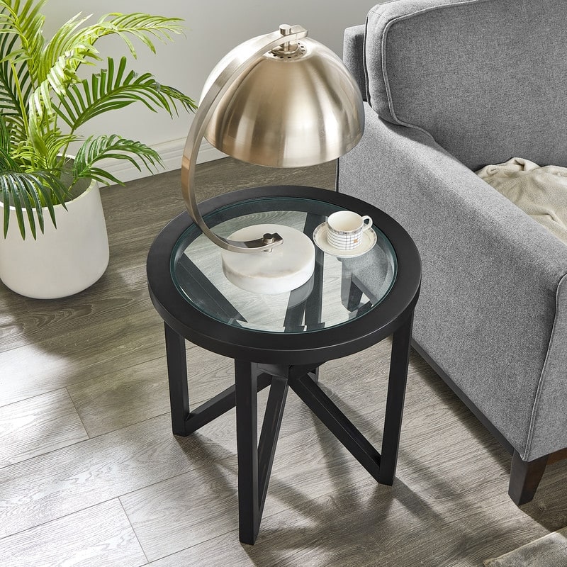 Modern Round Glass Coffee Table with Solid Wood Base - Tempered Glass Top for Living Room, Terrace, Study - Black