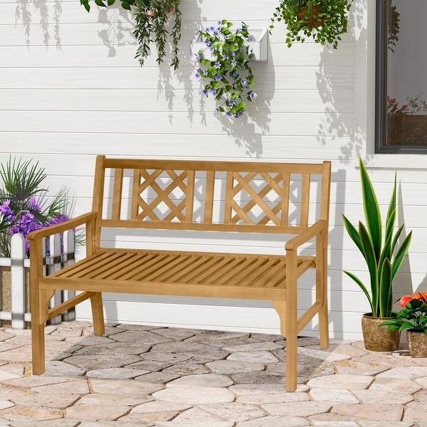 slide 2 of 18, Outsunny Outdoor Foldable Garden Bench, 2-Seater Patio Wooden Bench, Loveseat Chair with Backrest and Armrest Yellow