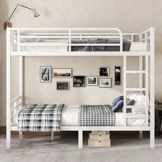 White Metal Full over Full Bunk Bed with Under Bed Storage and Safety Guardrails