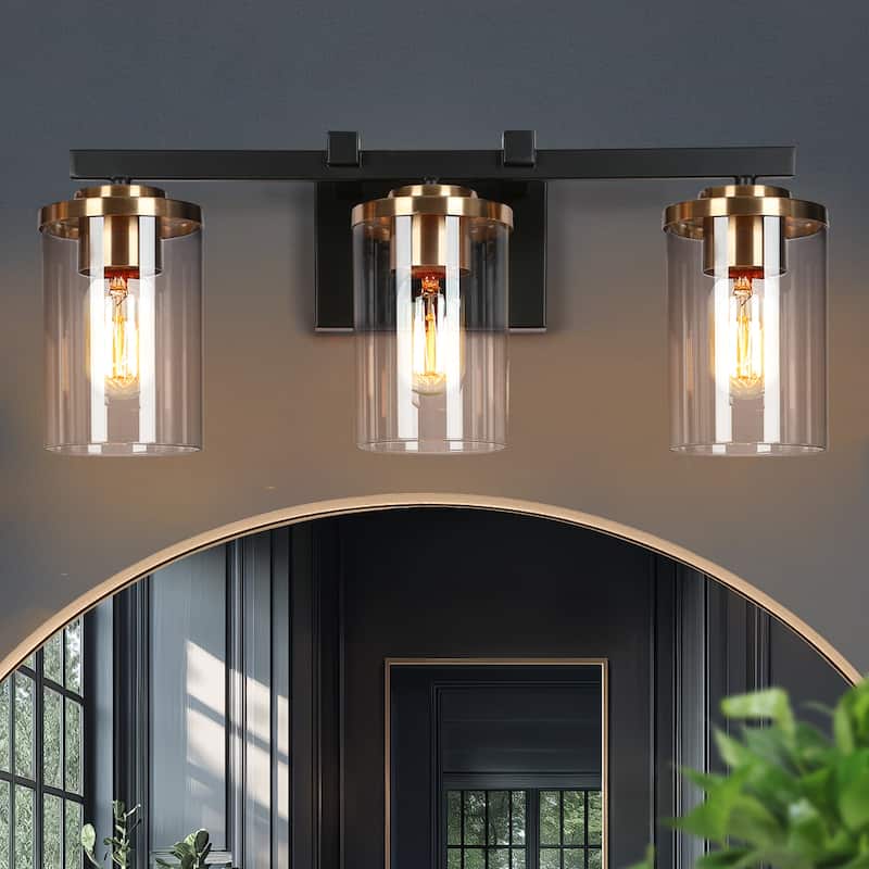 Modern 2/3/4-Light Black Gold Bathroom Vanity Lights with Cylinder Glass - 3-Light