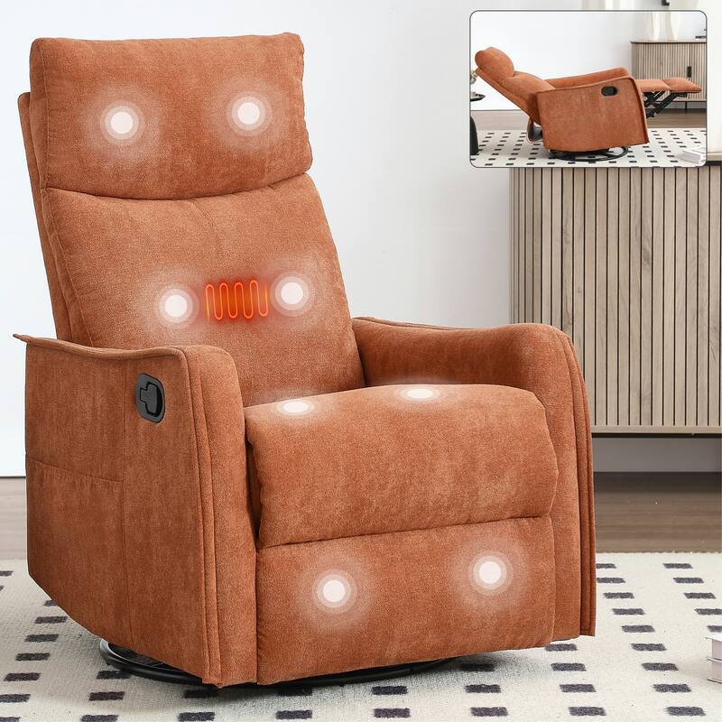 Heat Massage Manual Recliner Chair, 360° Swivel Glider Fabric Rocker - Orange