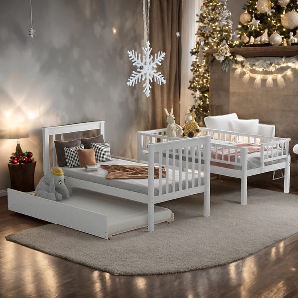 slide 2 of 12, Twin Over Twin Bunk Bed With Trundle And 4 Shelves for Bedroom White