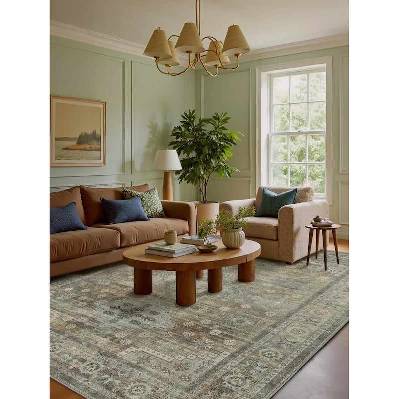 Mcow Sage Green Boho Pattern Ultra-Thin Low-Pile Washable Non-Slip Area Rug