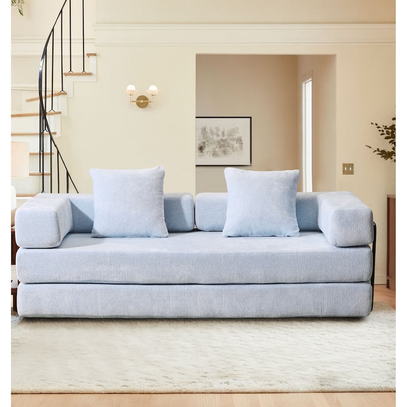 Modern Minimalist Compressed Upholstered Convertible Two-Seater Sofa Bed with External Metal Frame - Baby Blue Chenille