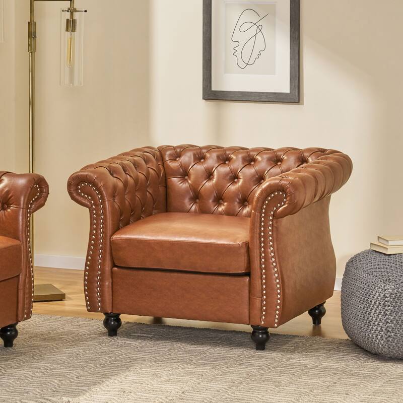Chesterfield Accent Chairs, Faux Leather Club Chair, Button Tufted Single Sofa Chair with Nailhead Trim, Rolled Arms - Light Brown
