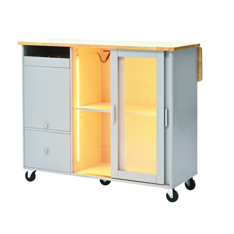 Rubberwood Kitchen Cart with Drop Leaf, Internal Storage Rack, Flip Cabinet Door, and 2 Drawers