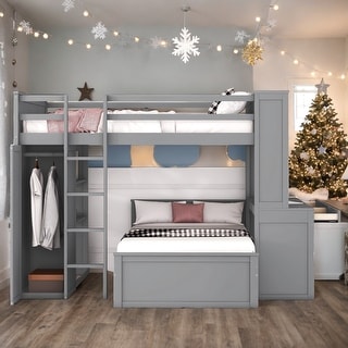 Modern Full size Loft Bed With Twin Size Stand-alone Bed,Shelves,Desk And Wardrobe,Versatile Use