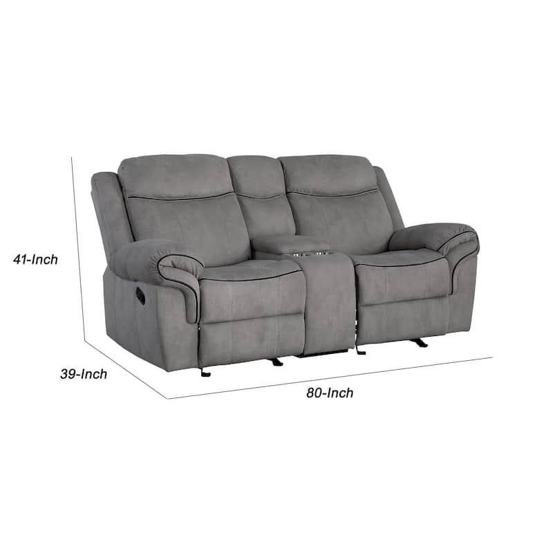Fabric Upholstered Metal Reclining Loveseat with Center Console, Gray