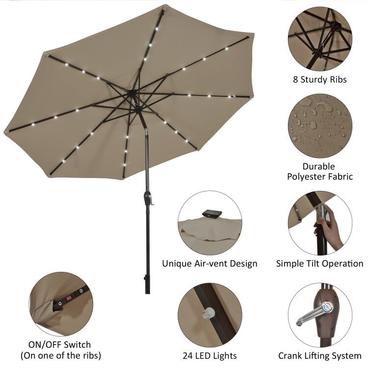 10' Solar LED Lighted Patio Market Umbrella Shade Tilt Adjustment Crank