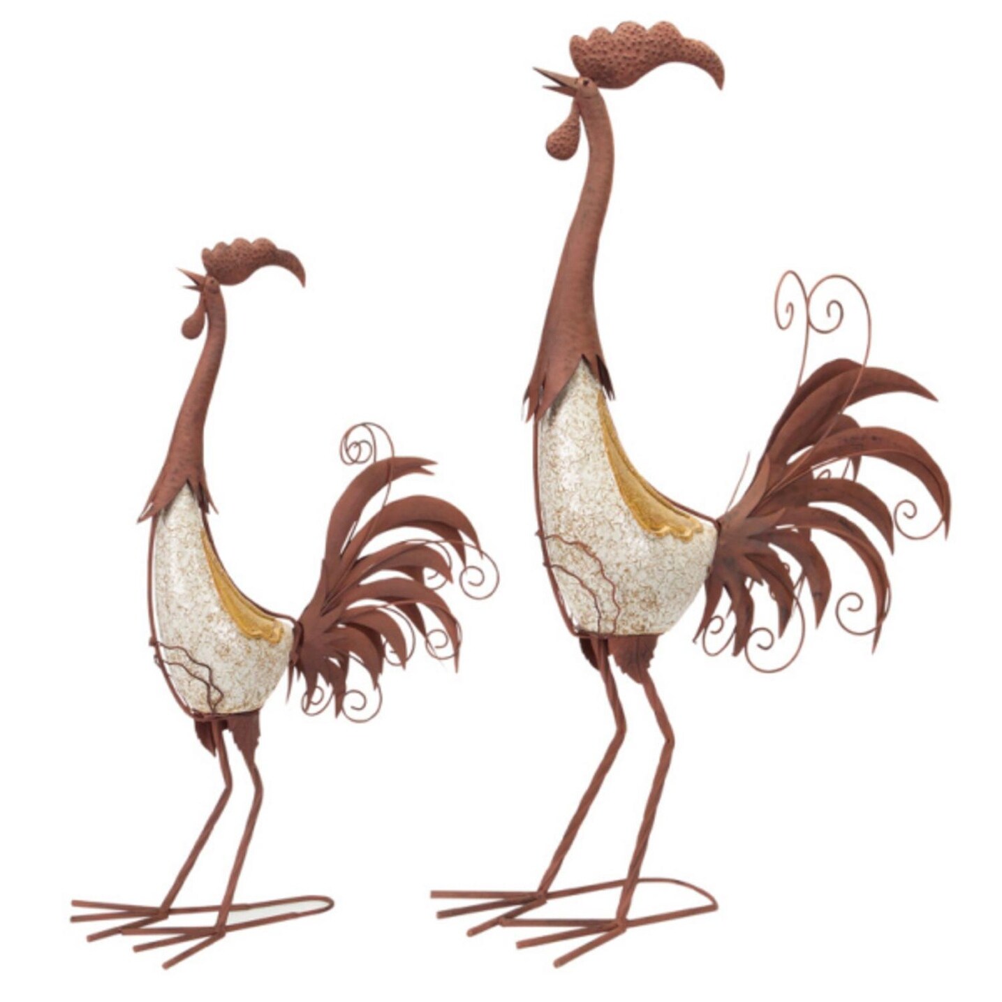 Shop Set Of 2 Brown Rooster Set Garden Statues Metal And Ceramic