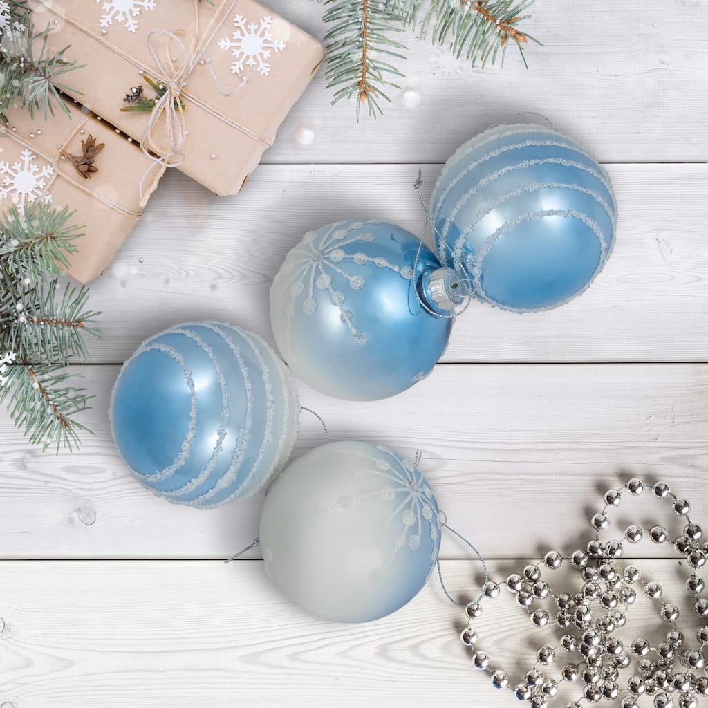 Stripes and Snowflakes Shiny Glass Ball Christmas Ornaments - 3" (80mm) - Blue and White - 4ct