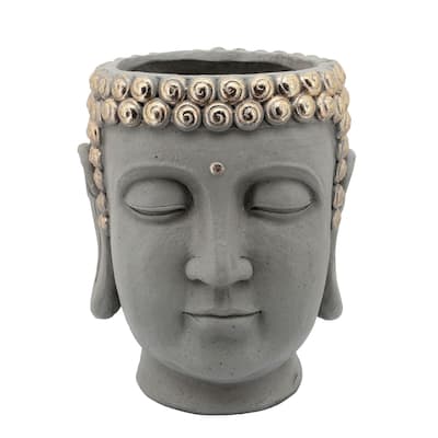 13 Inch Sleeping Buddha Head Design Resin Planter, Gray