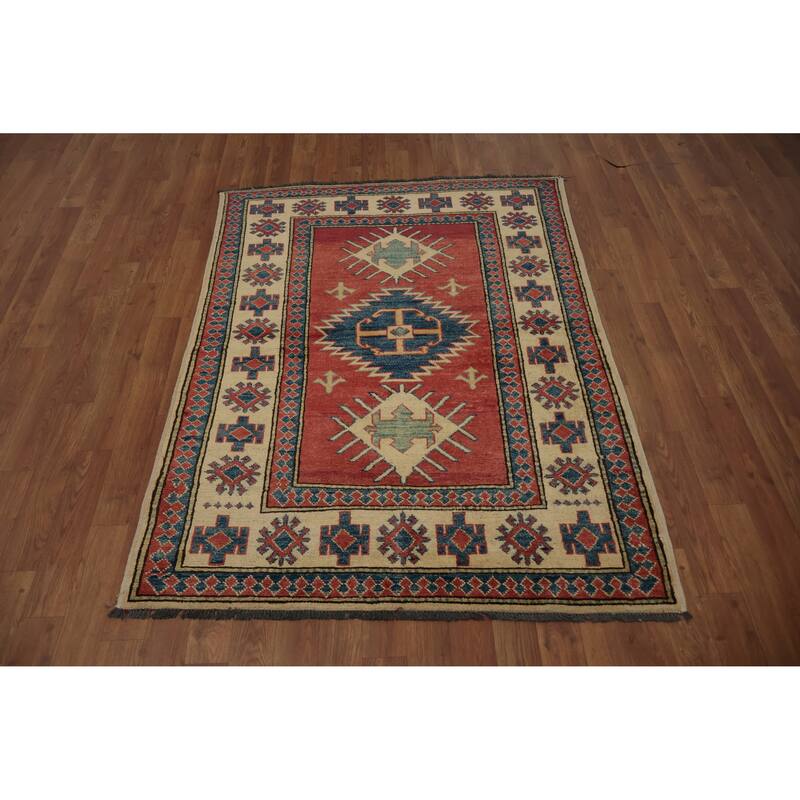 Hand Knotted Oriental 100% Wool Carpet Traditional Geometric Red Kazak Area Rug - 4' 11'' X 3' 8''