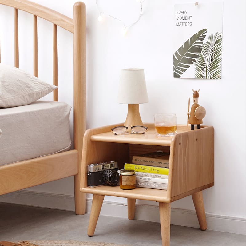 Small Nightstand with Open Storage Shelf, Coffee Table with Wooden Tabletop, Couch Side Table with Solid Wood Legs