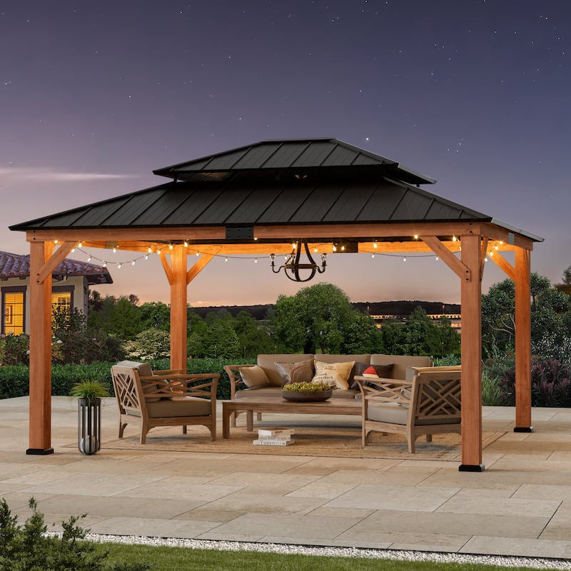 Wood Gazebo 13' x 15', Grill Gazebo with Galvanized Steel Roof, Permanent with Sturdy Hooks for Garden, Backyard