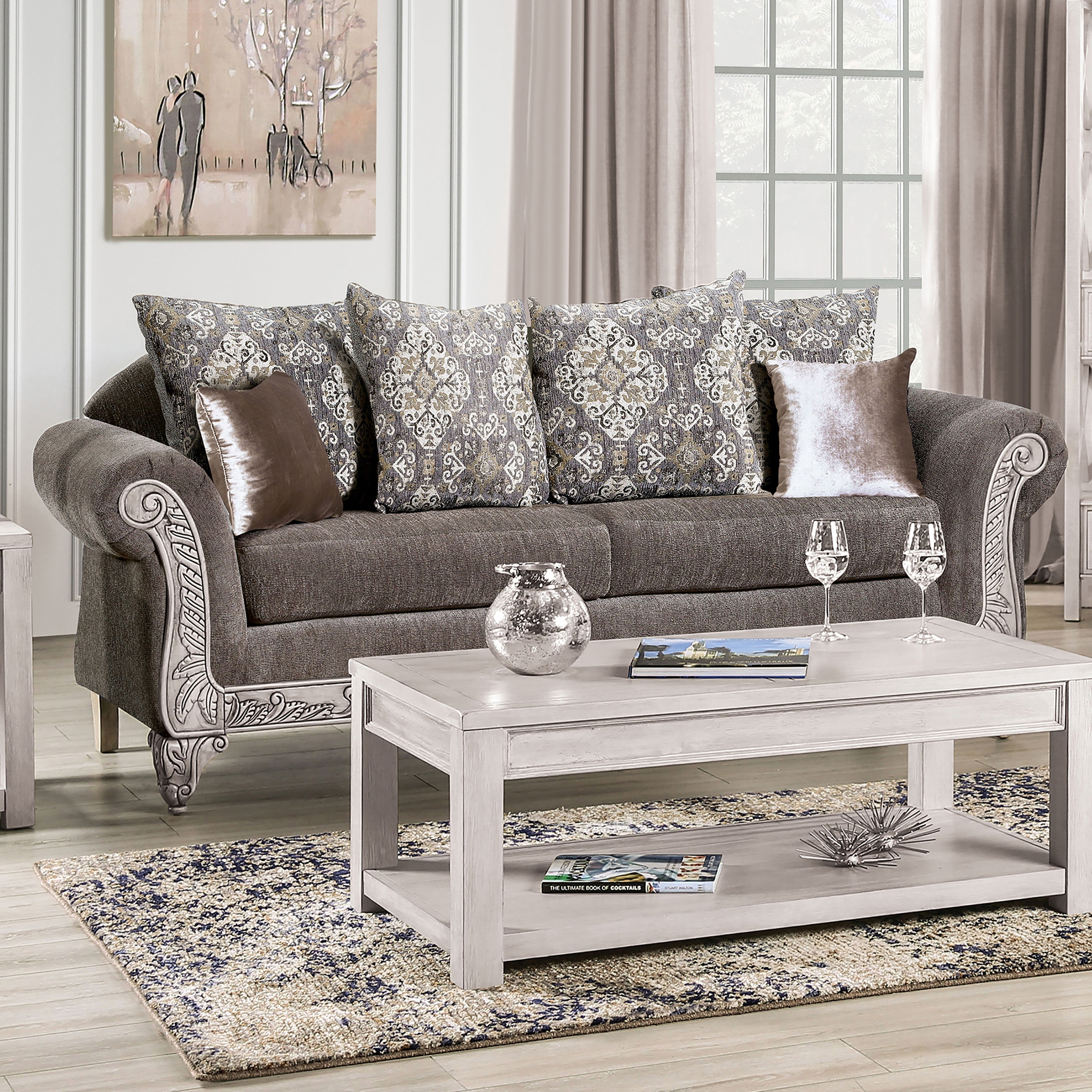 Furniture of America McGahn Traditional Warm Grey Chenille Padded Sofa